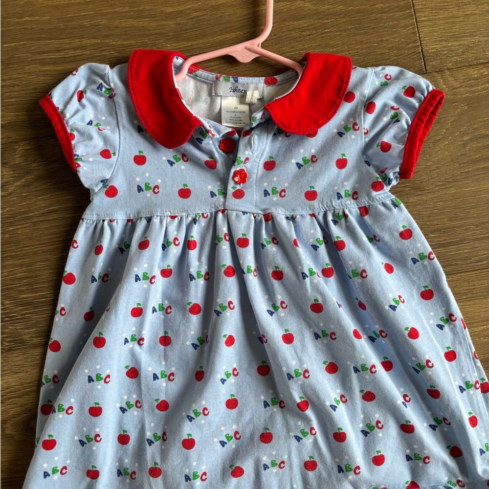 Ishtex Blue Dress with Red Collar and Apple Print - Back to school outfit